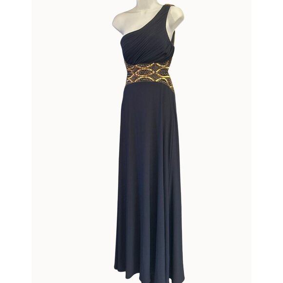 Aqua Dress Navy Gold One Shoulder Evening Gown Sz 4 Open Back Luxe Beaded Formal - Picture 1 of 9